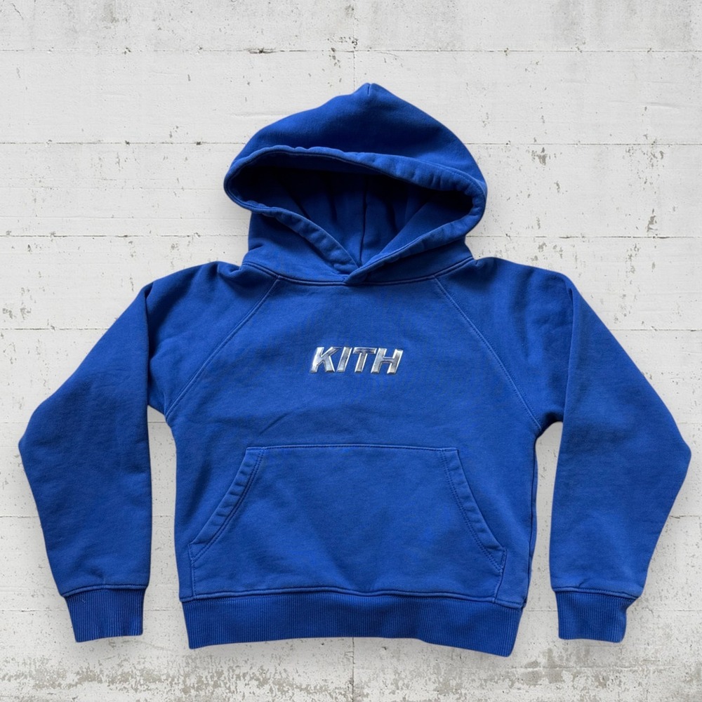 Kith Kids Novelty Logo Raglan Nelson Hoodie Sweatshirt Blue Metallic Logo Sz S